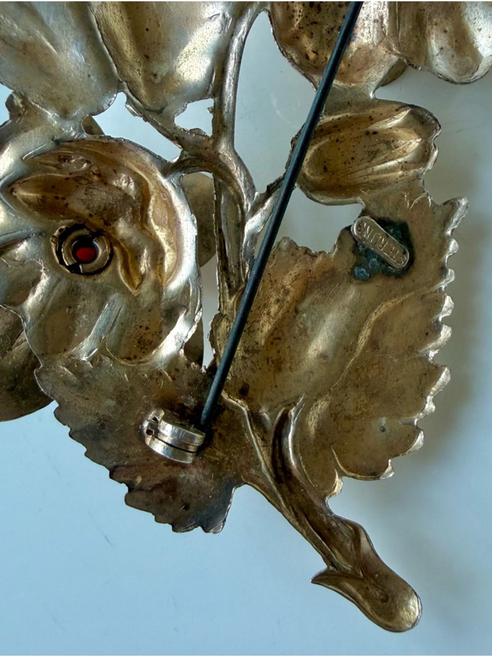 Vintage Gold Over Sterling Silver Large Red Cabochon Floral Bouquet Brooch Pin - Picture 9 of 16